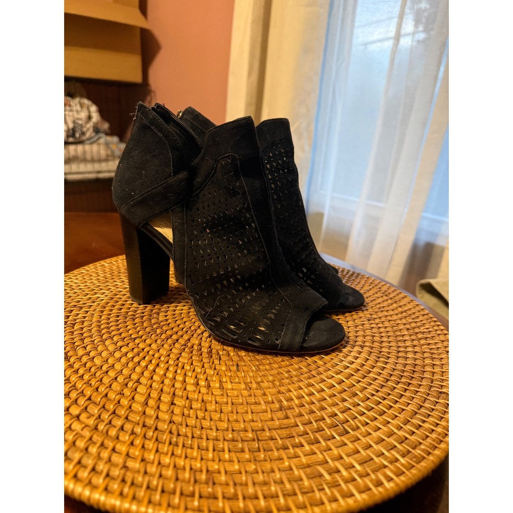 Vince Camuto Cranita Black Suede Perforated Open Toe Block Heel Booties 7M